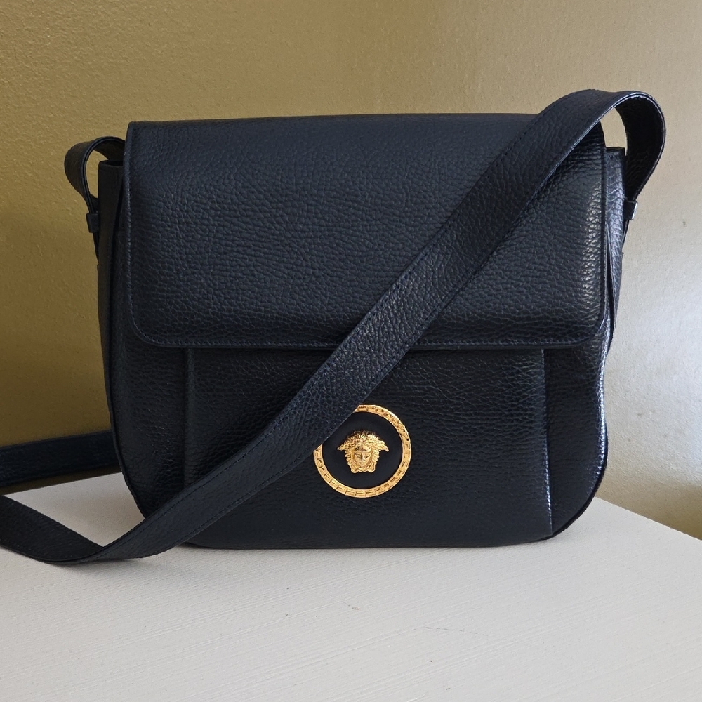 Versace MEDUSA Dark Navy Leather Crossbody Bag with Gold Medusa Emblem